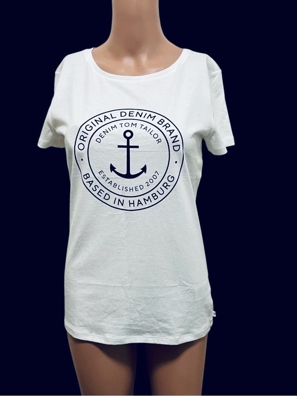 TOM TAILOR DENIM GRAPHIC T-SHIRT ANCHOR LOGO CREW NECK WOMENS WHITE SIZE SMALL
